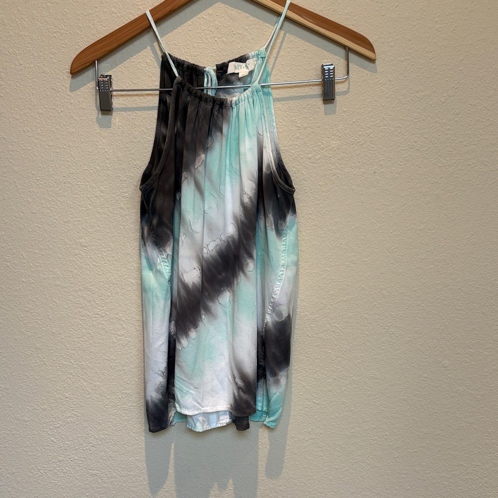 River + Sky Mint, White & Black Tie-Dye Halter Tank